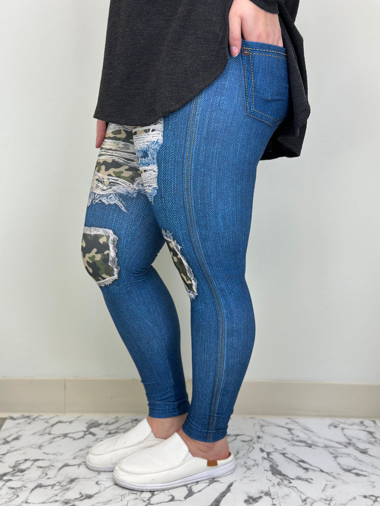 Camo Blue Denim Leggings w/ Butt Pockets image 1