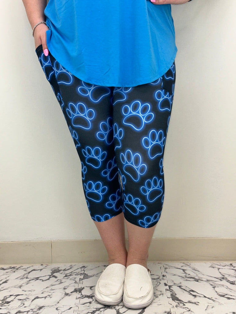 Blue Neon Paw Print Capri w/ Pockets image 2