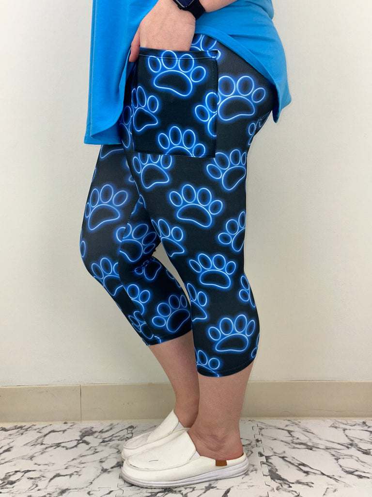 Blue Neon Paw Print Capri w/ Pockets image 1