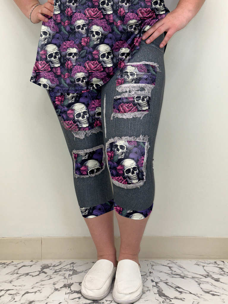 Black Denim Pink Purple Floral & Skulls Capri w/ Back Pockets image 1