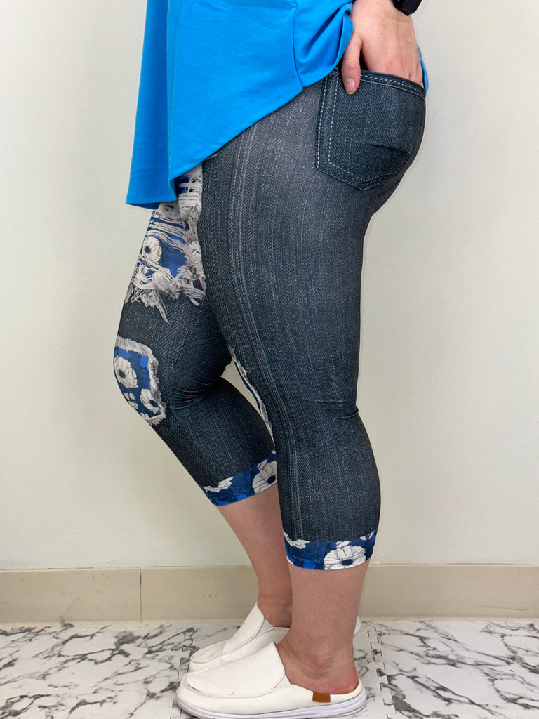 Blue Pansy Denim Capri w/ Pockets image 2