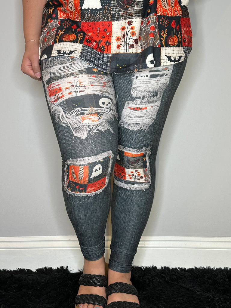 Black Denim Spooky Patch Leggings w/ Back Pockets image 2