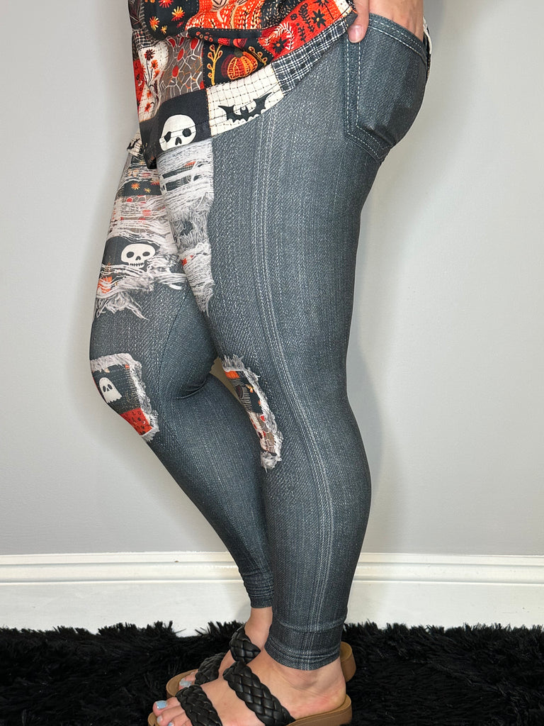 Black Denim Spooky Patch Leggings w/ Back Pockets image 1