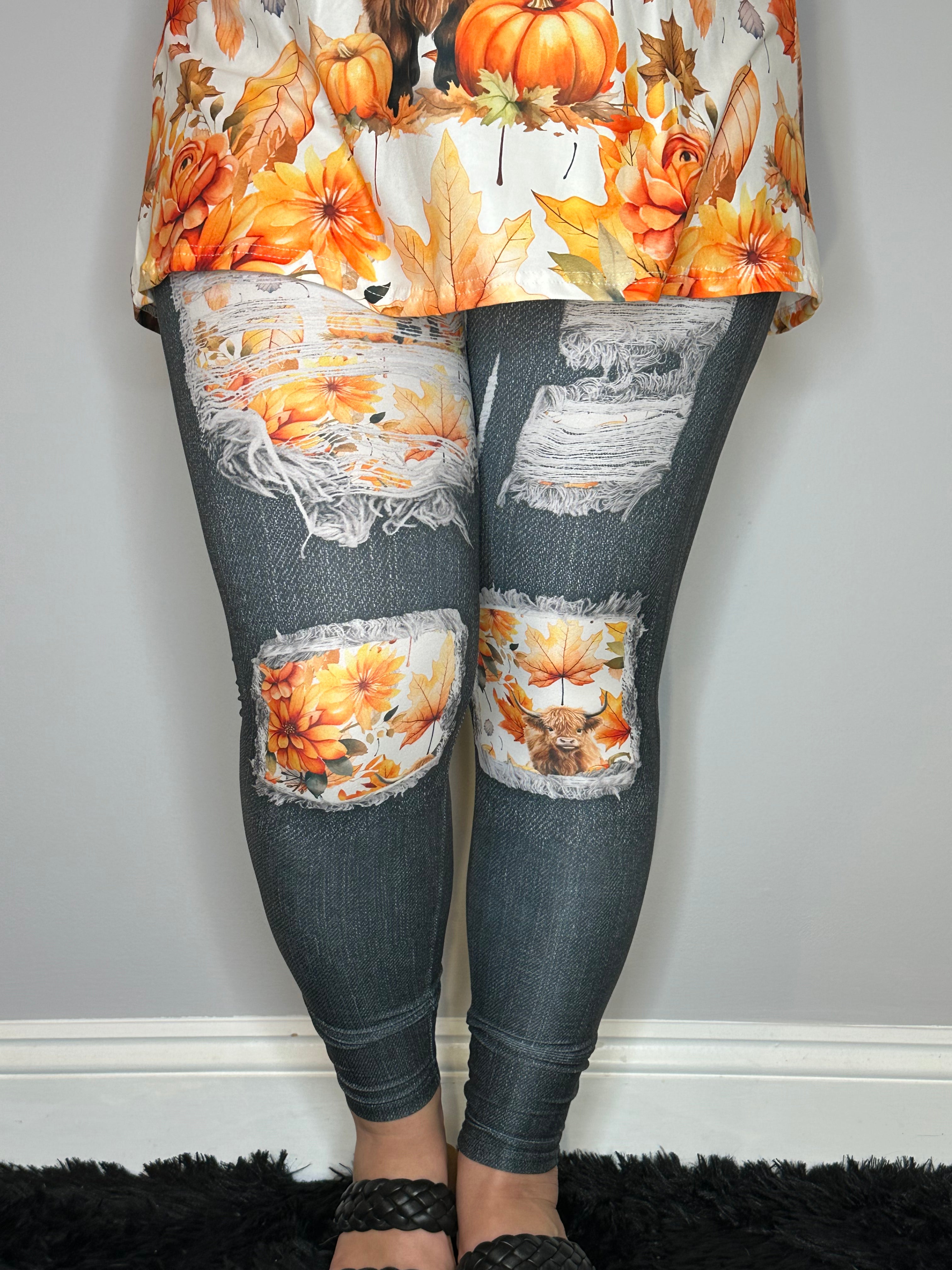 Black Denim Highland Cow Leggings w/ Back Pockets