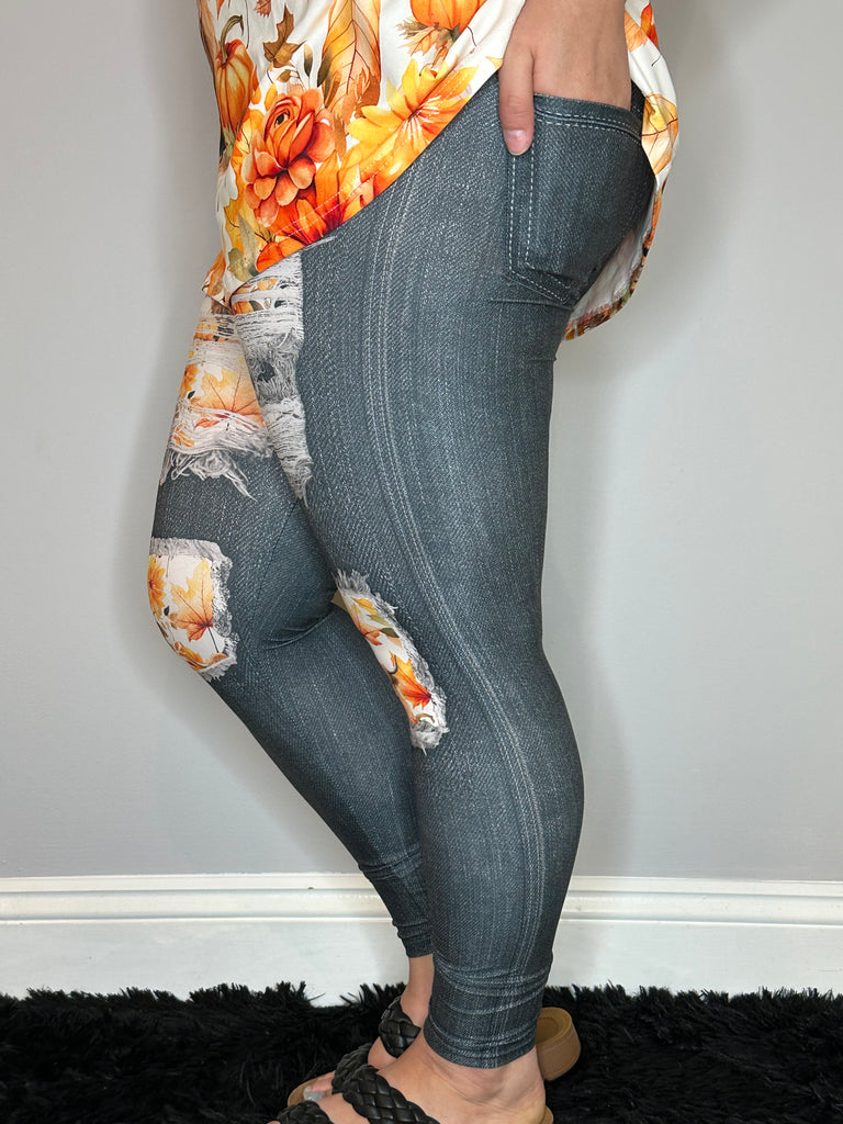 Black Denim Highland Cow Leggings w/ Back Pockets image 1