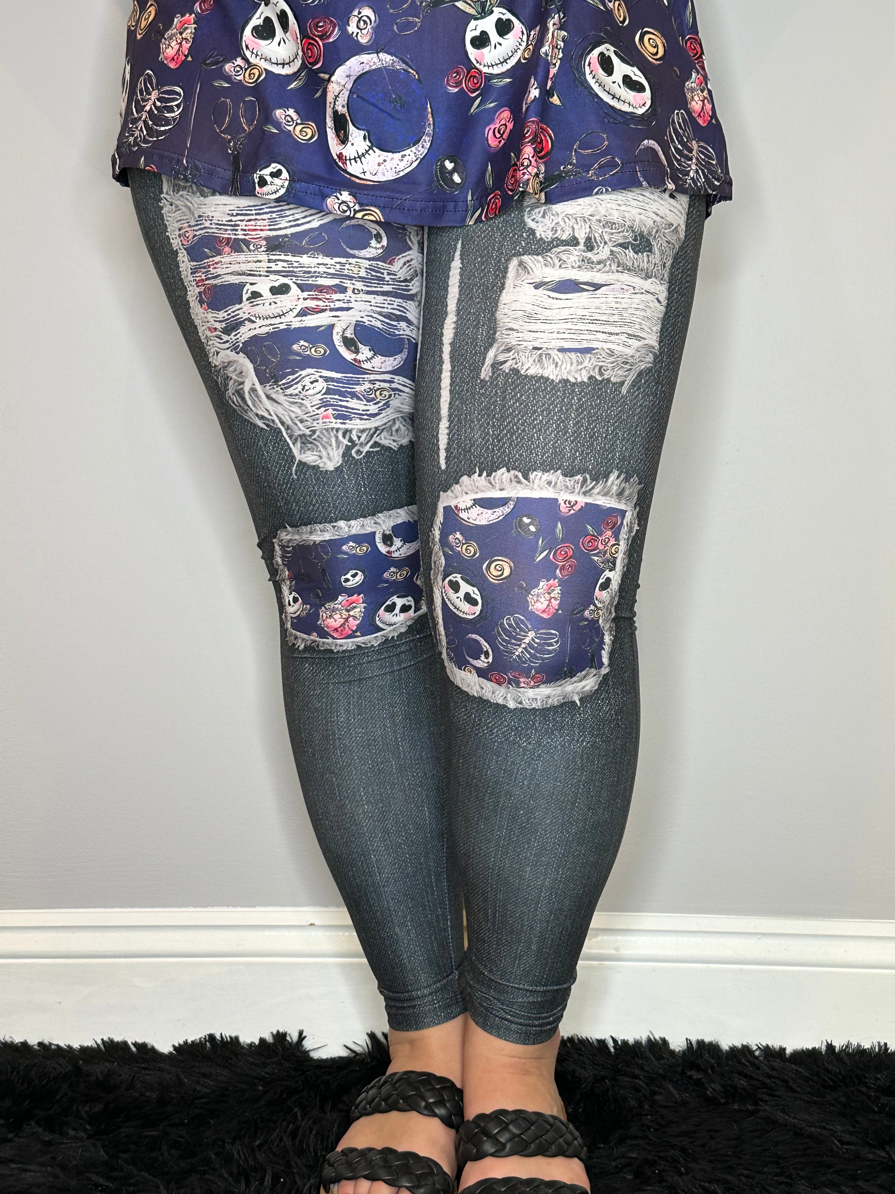 Black Denim Dark Skelly Leggings w/ Back Pockets