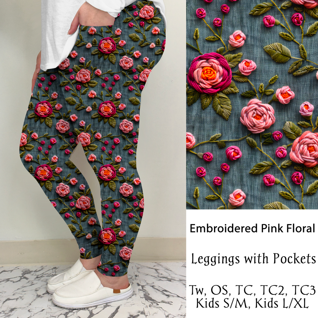 Embroidered Pink Floral | Leggings/Capri/ Joggers | Run ends 1/2 | ETA 32 Days image 1