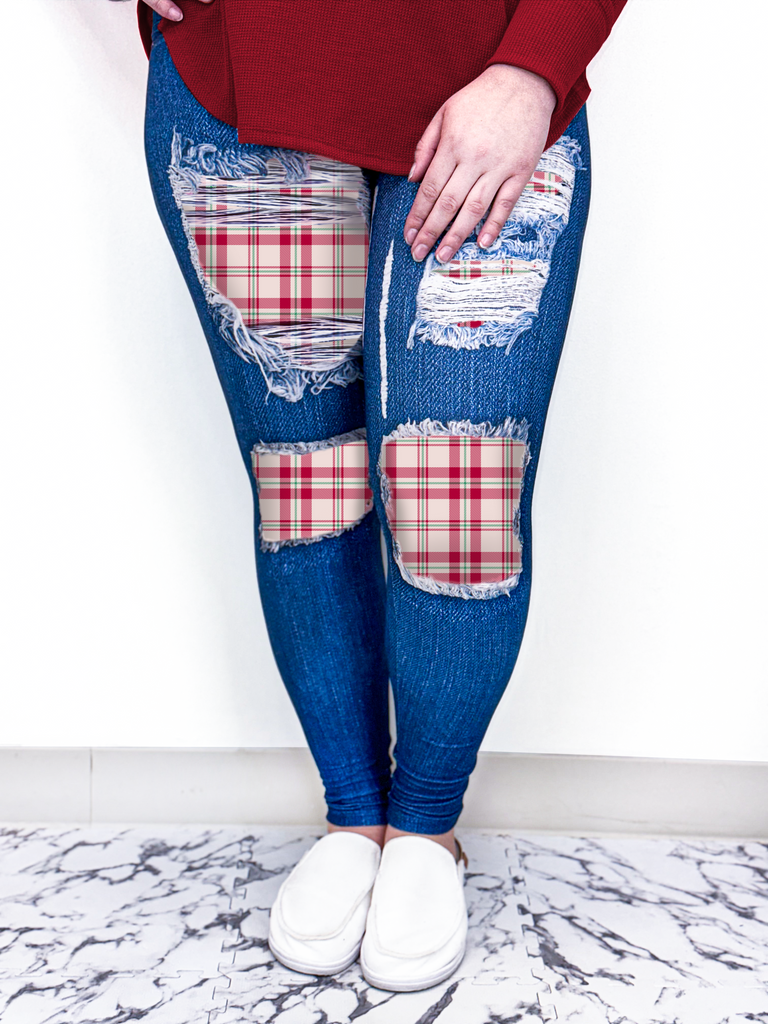 Red Plaid Denim Leggings w/ Back Pockets image 1